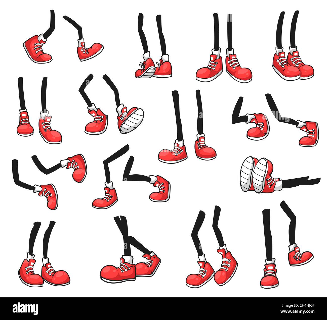 Isolated cartoon vector legs of human comic feets in red shoes. Walking, standing, running and dancing, jumping and lying comic book character legs in Stock Vector