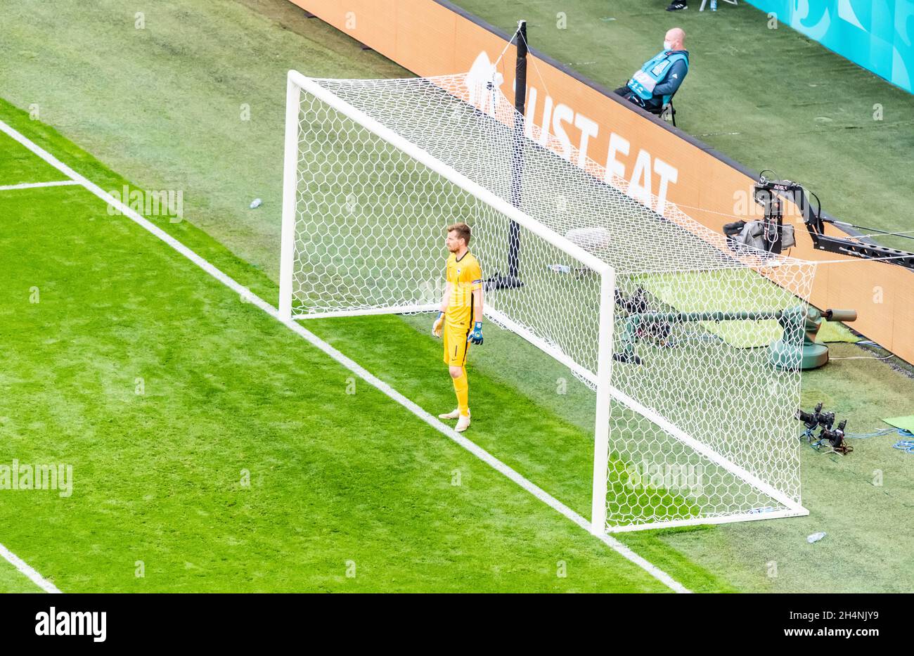 Saint Petersburg, Russia – June 16, 2021. Finland national football team goalkeeper Lukas Hradecky during EURO 2020 match Finland vs Russia (0-1) Stock Photo