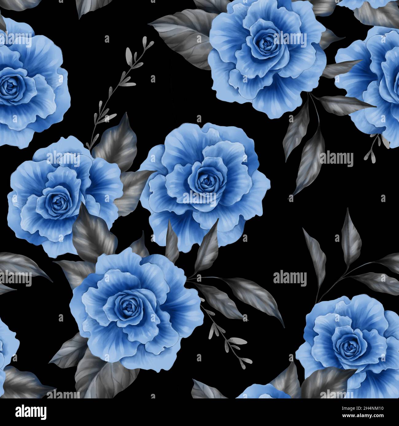 Floral seamless pattern of blue rose flowers. Black background Stock ...