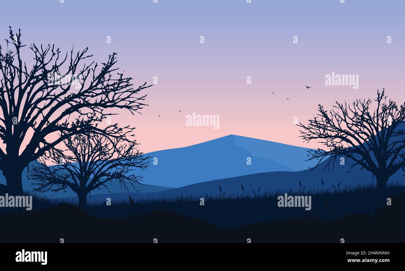 Pdusk Vector Mountains view with aesthetic dry tree silhouettes from the out of the ...