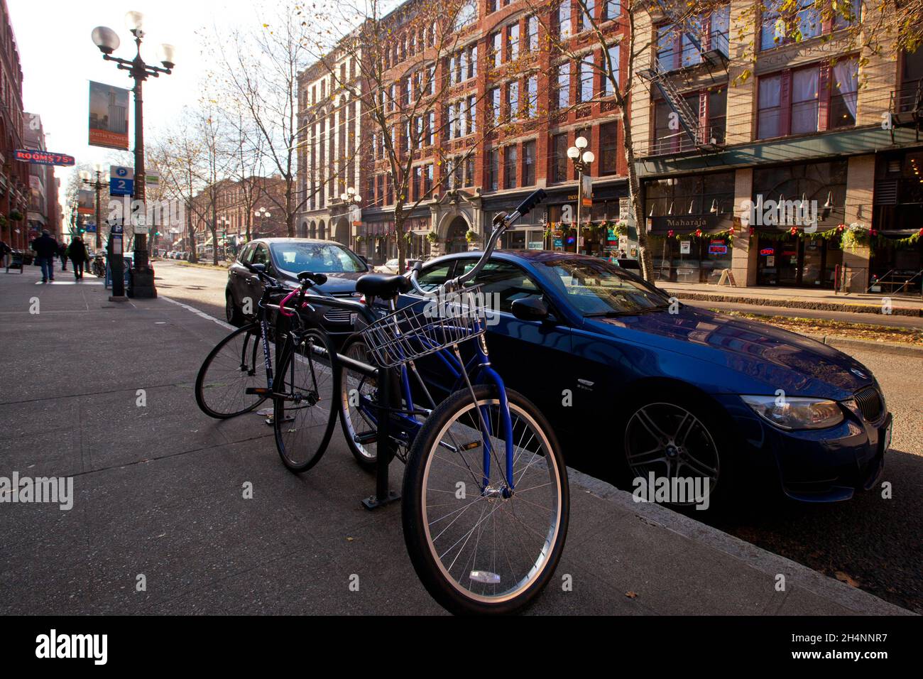 Bicycles parked by the street in downtown Seattle Stock Photo Alamy