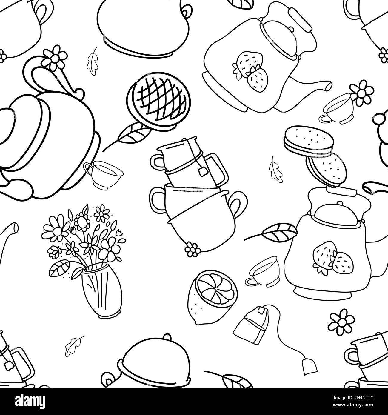 Seamless black and white pattern. Tea drinking illustration Stock ...