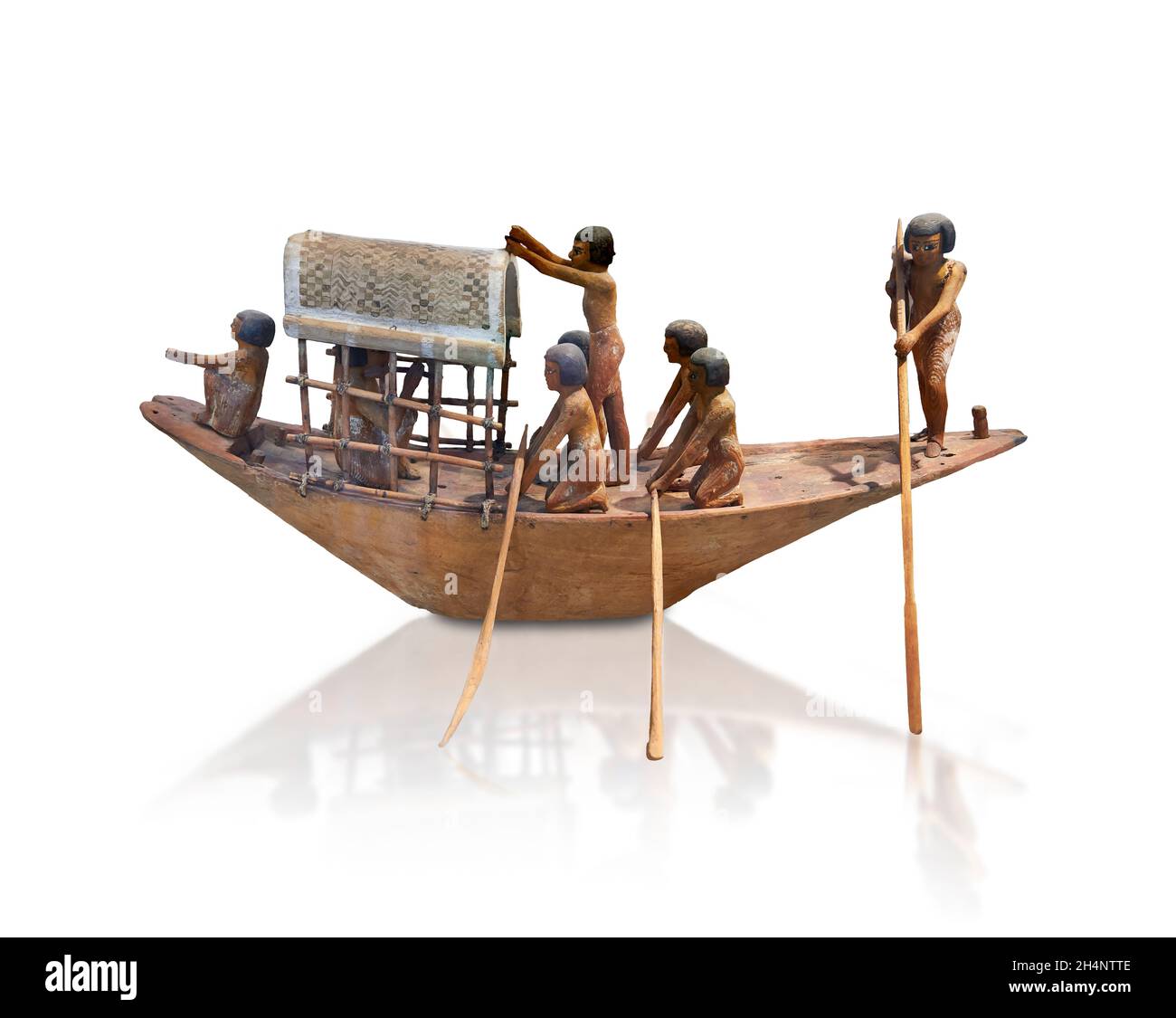 Wooden Egyptian wood boat model, 2106 -1786 BC, Archaic or Early Dynastic Period  Louvre Museum inv E 284 or N1616. Navigation scene boat equipped wit Stock Photo