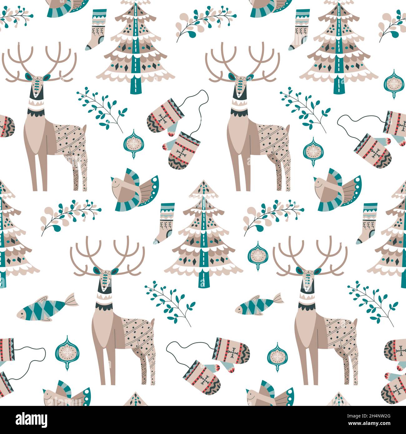 Reindeer and pine tree with evergreen branches Stock Vector