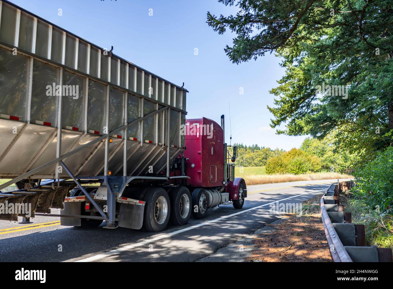 Classic big rig purple bonnet semi truck with high cab transporting commercial cargo in open bulk semi trailer running for delivery on the winding nar Stock Photo