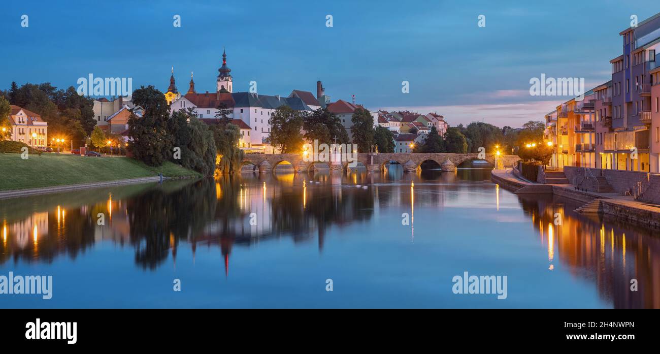 Panorama of Pisek Old Town at dusk, Czechia Stock Photo