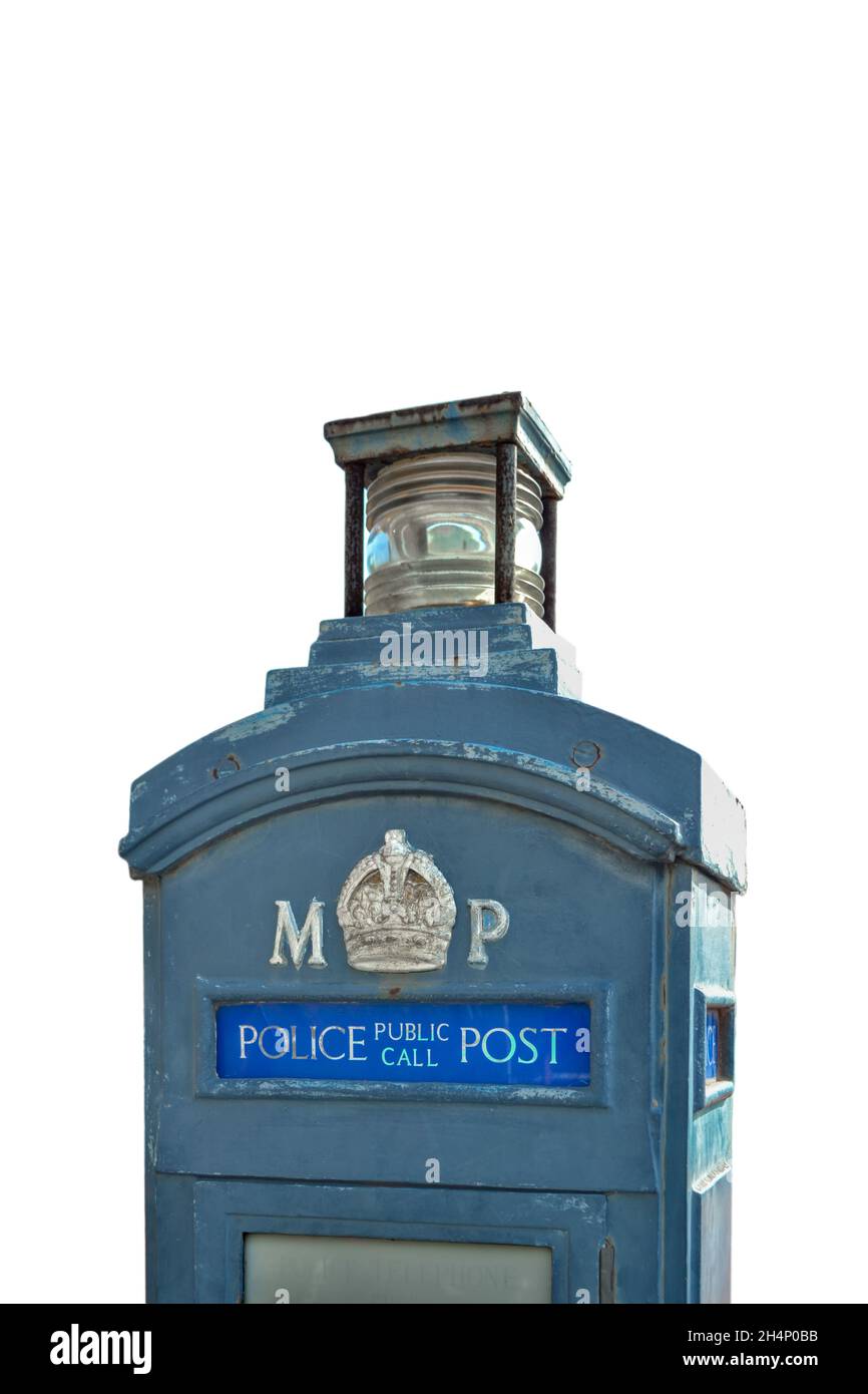 Old blue police public call post di London isolato su sfondo bianco, copy space Stock Photo
