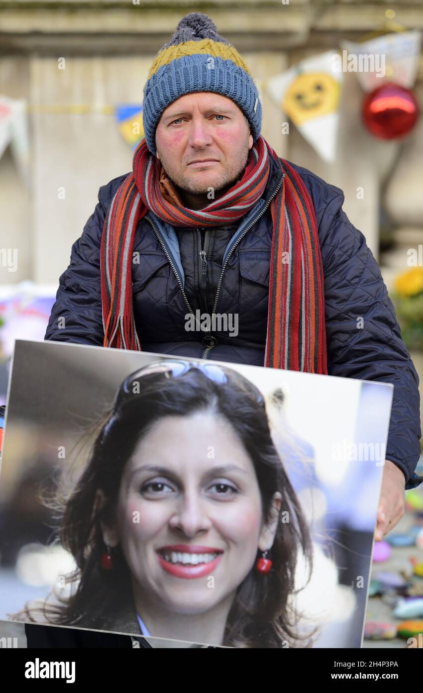 Richard Ratcliffe - husband of Nazanine Zaghari-Ratcliffe, detained in Iran -  on the tenth day of his hunger strike in King Charles Street, outside t Stock Photo