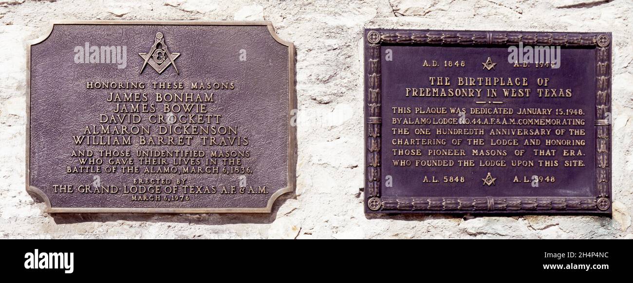 Plaques honouring Masons on The Alamo wall, San Antonio, Texas, USA. Stock Photo