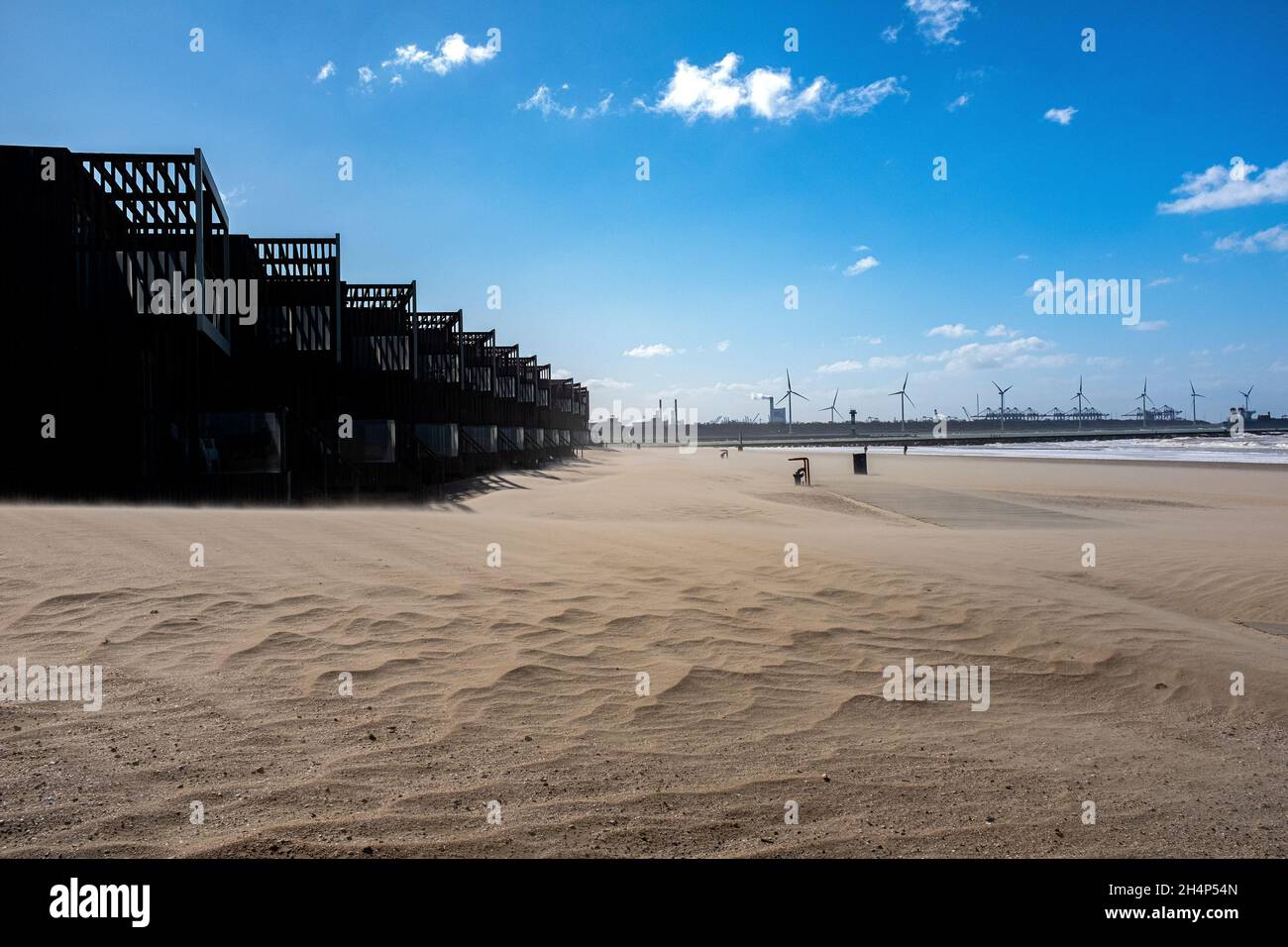 Hoek van Holland, Netherlands. The previously very buzy and crowded beach, were people came to relax and steroll, is now totally deserted on advise of Govenment Authorities in response of Corona Crisis. Stock Photo