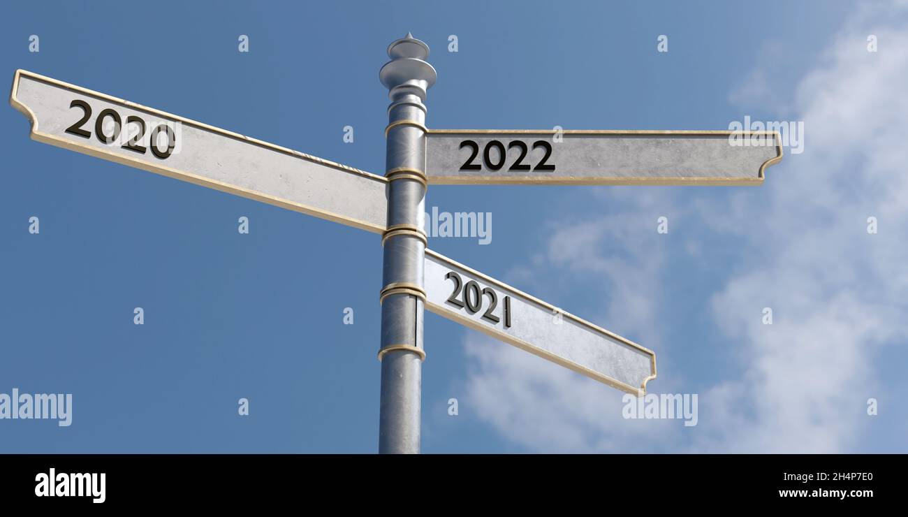3D Sign of year dates from 2020 to 2022 on a blue sky background Stock Photo