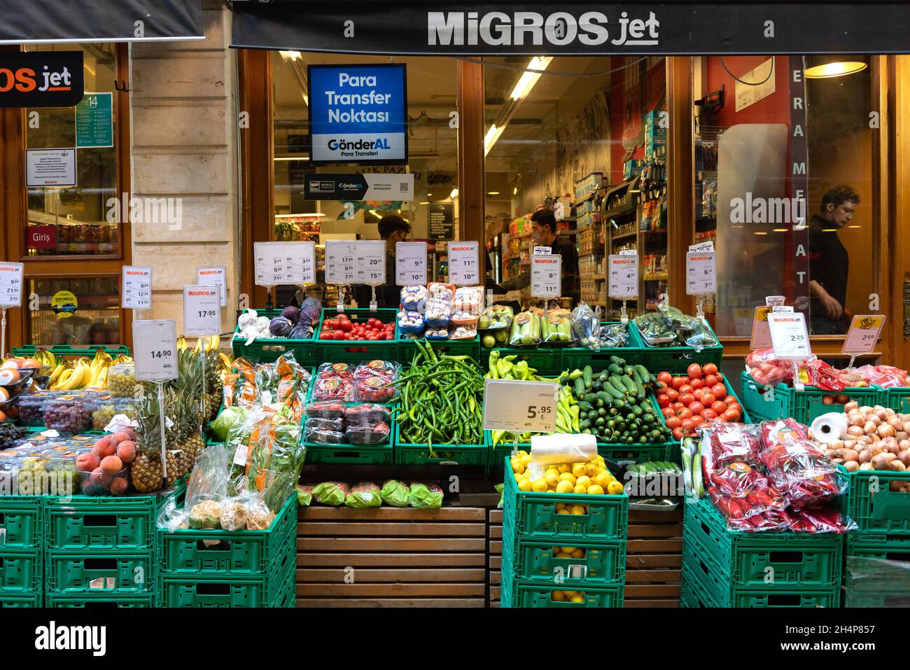 Istanbul, Turkey. October 22nd 2021 Fruit and Vegetables for sale outside Migros Jet Supermarket in Istanbul, Turkey. Stock Photo