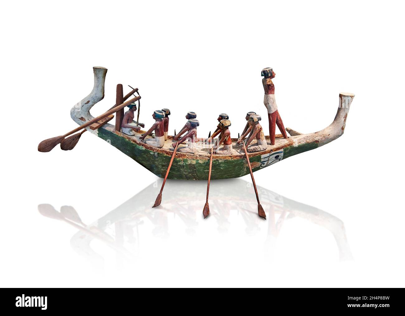 Wooden Egyptian wood boat model, circa 2000 BC, middle Empire. Louvre Museum E 12027. As with other model types, tomb wall paintings from the Old King Stock Photo