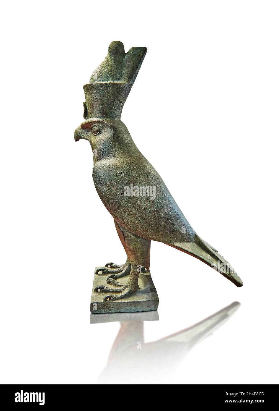 Ancient Egyptian Horus falcon statue, 664-332 BC, copper alloy. Louvre Museum E 14282. Horus falcon is standing wearing a pschent crown. Height: 53 cm Stock Photo