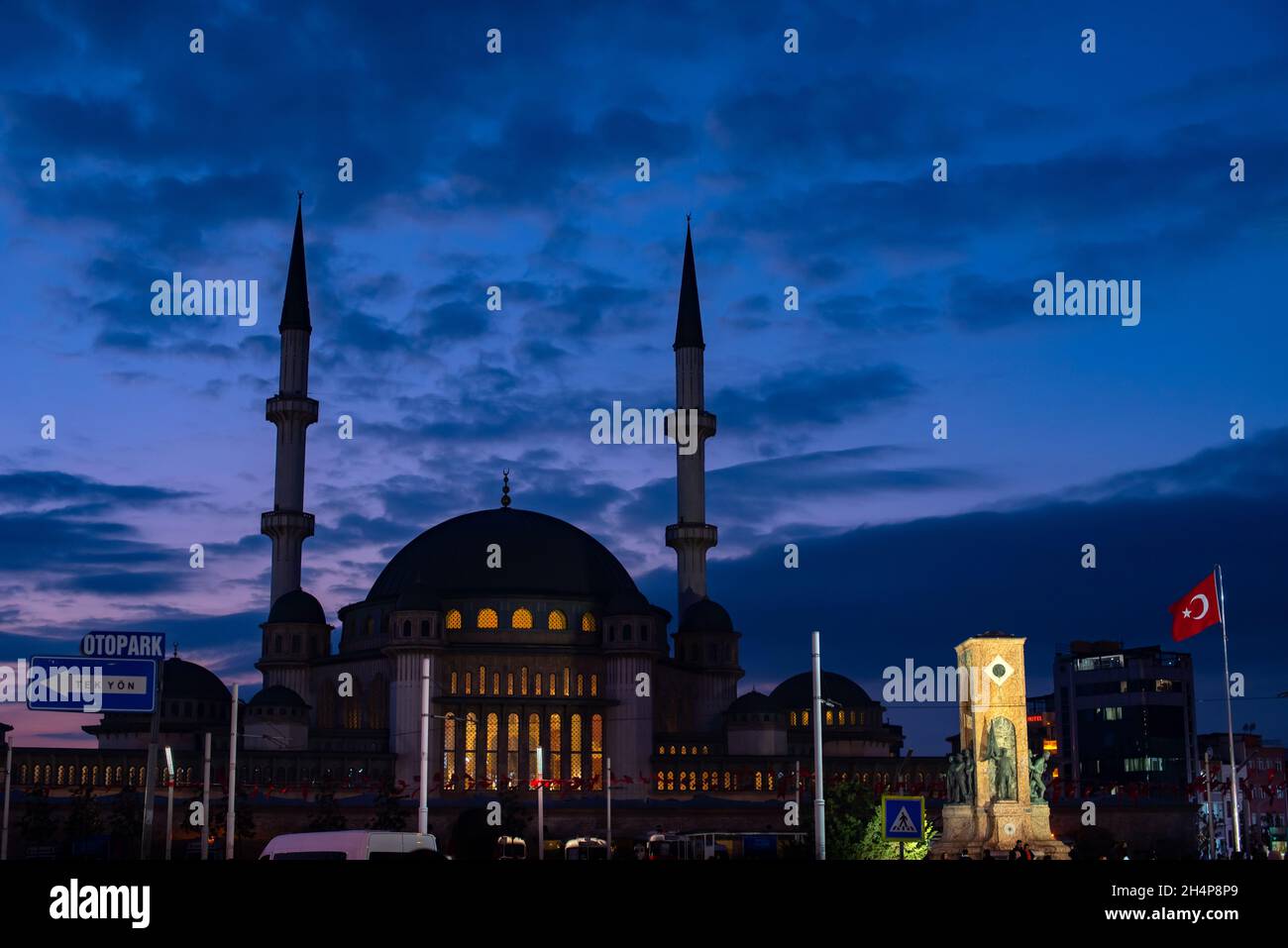 Istanbul Turkey. October 18th 2021  Night time view of the new Taksim Mosque complex at the beginning of Istiklal Street on the European side of Istan Stock Photo