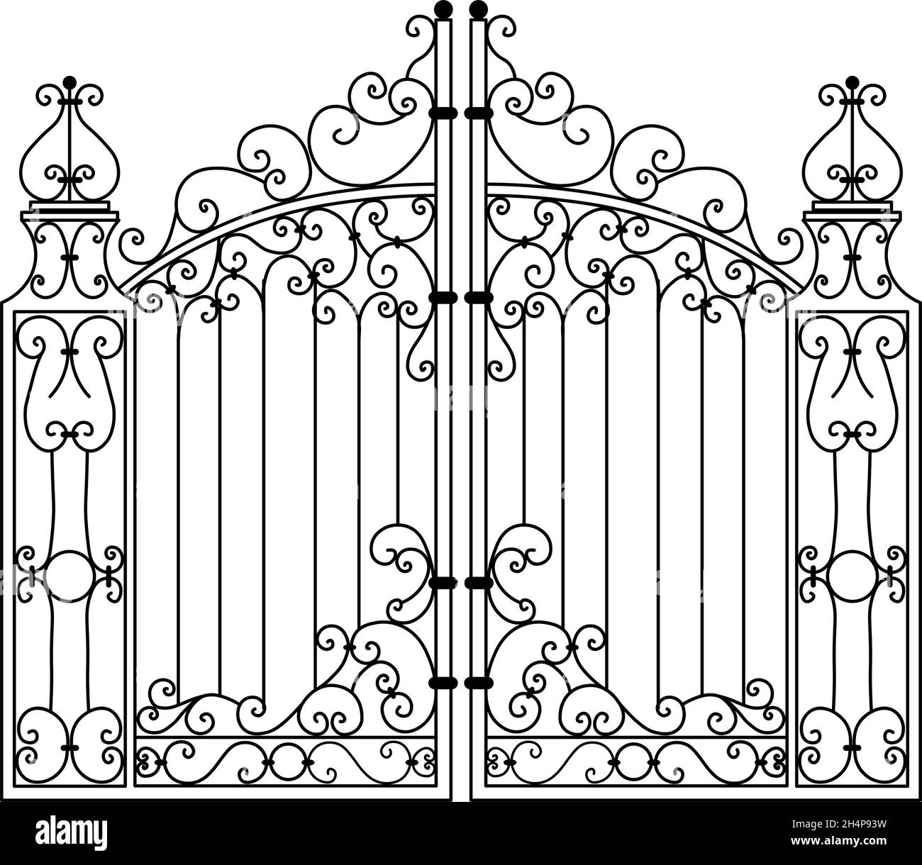 Sketch of metal gates, double-leaf garden door, original, illustration of forged products Stock Vector