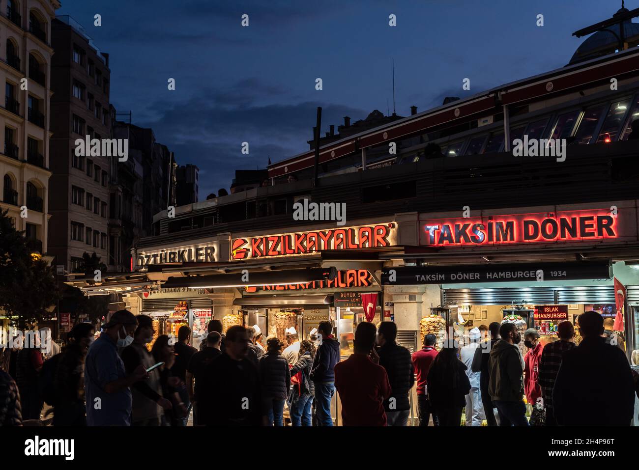 Istanbul Turkey. October 18th 2021  One of the most popular places to eat Doner Kebab at night in Istanbul, Taksim Square take-away kebab Restaurants Stock Photo
