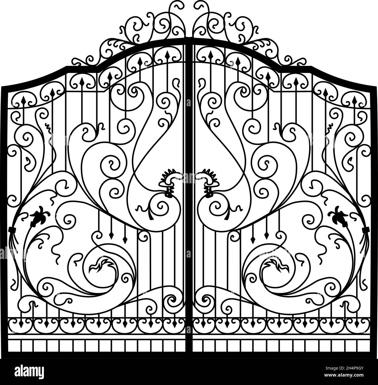 Sketch of metal gates, double-leaf garden door, original, illustration of forged products Stock Vector