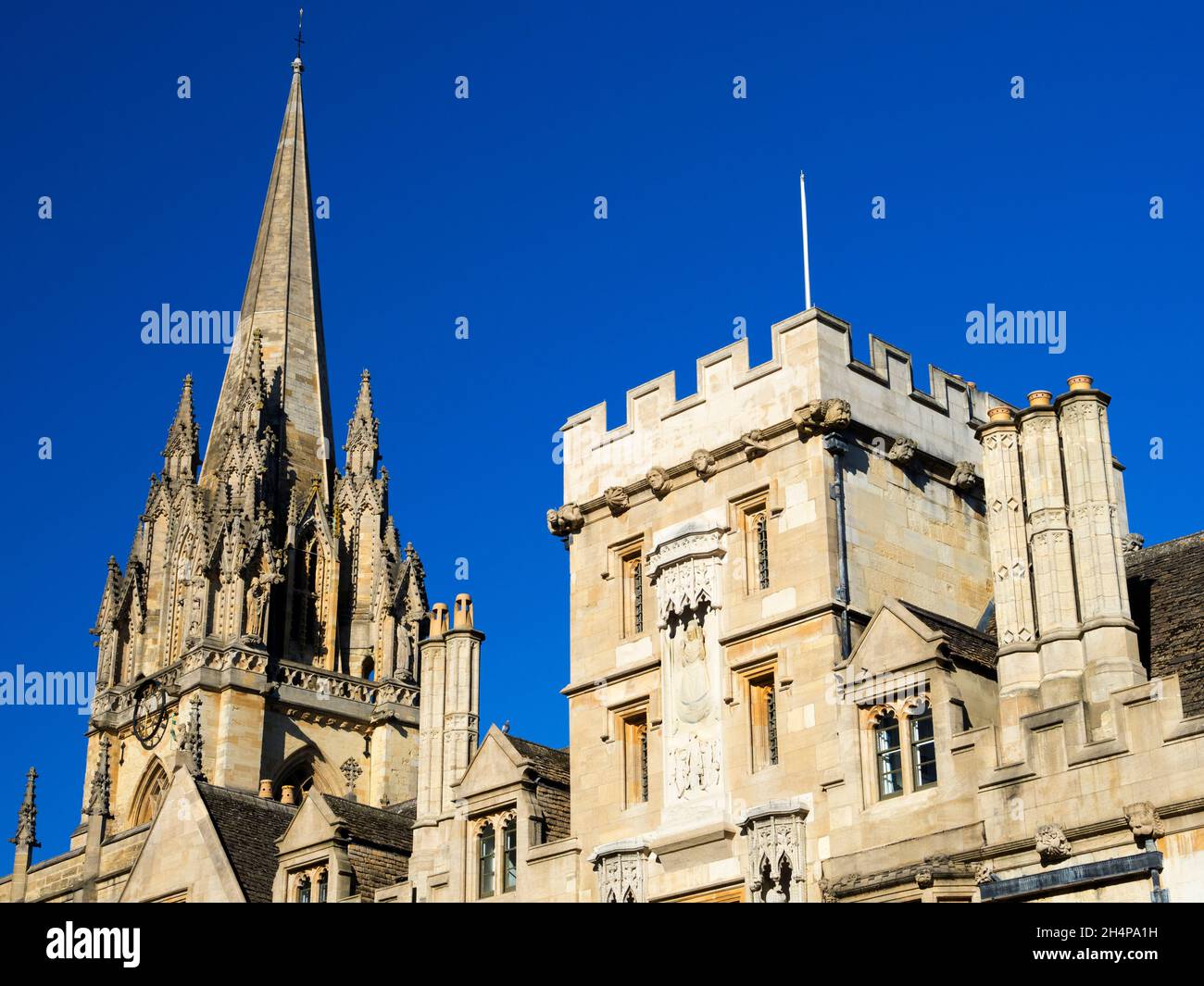 The University Church of St Mary the Virgin is a prominent Oxford church situated on the north side of the High Street, facing Radcliffe Square. The b Stock Photo