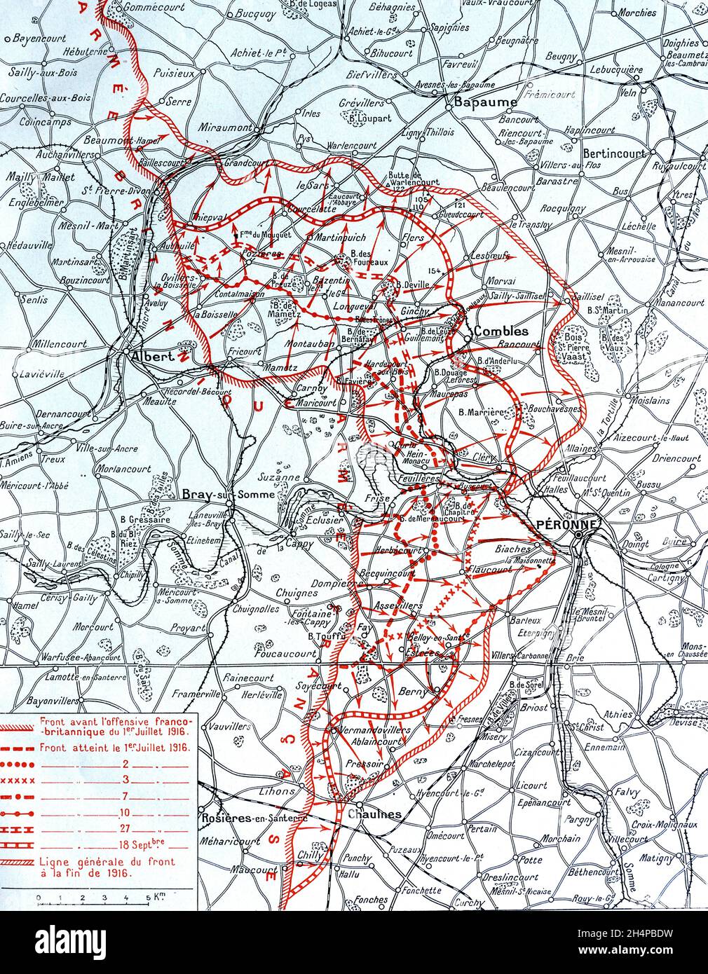 Map showing the movement of the armies during the Somme Battle for the period July/October 2016, France Stock Photo