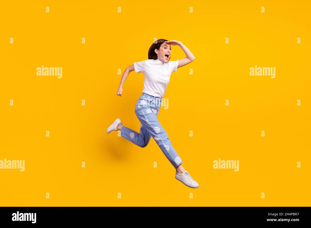 Full size profile side photo of young girl happy positive smile jump up ...