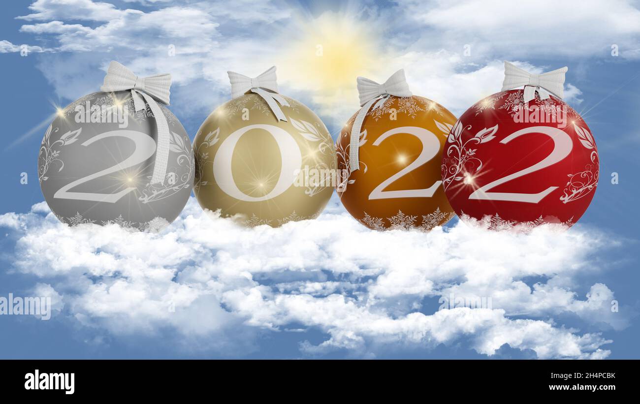 Christmas In The Sky 2022 3D Illustration. New Year 2022. New Year 2022 In Numbers And With Christmas  Decoration. Sky; Clouds Stock Photo - Alamy