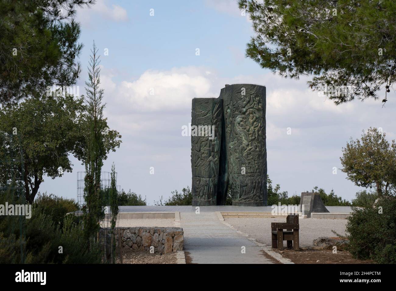 Judea mountains, Israel - October 10th, 2021: The ' Scroll of Fire ' bronze holocaust memorial, in the Judea mountains, near Jerusalem, Israel. Stock Photo