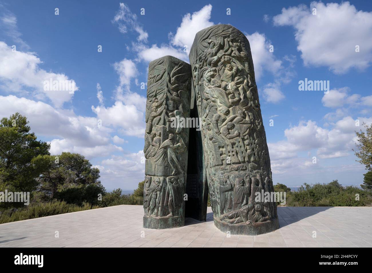 Judea mountains, Israel - October 10th, 2021: The ' Scroll of Fire ' bronze holocaust memorial, in the Judea mountains, near Jerusalem, Israel. Stock Photo