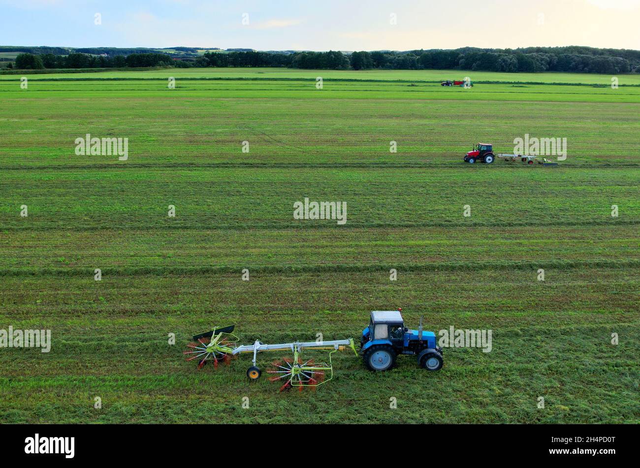 Tractor Raking Fields Tractor raking grass for silage harvesting. Agriculture machinery ...