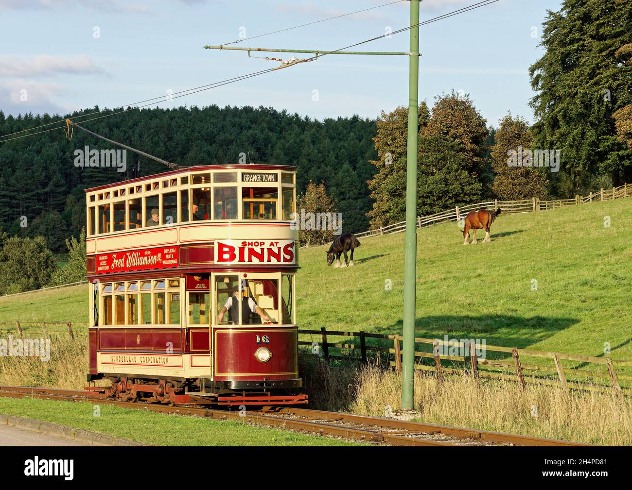 Former Sunderland tram on the rural part of the tramway at Beamish Museum, County Durham. Stock Photo