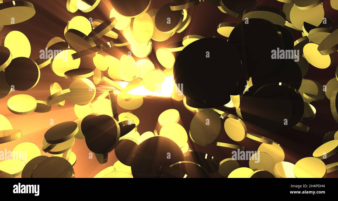shiny gold coins falling on warm colors background. 3D render Stock ...