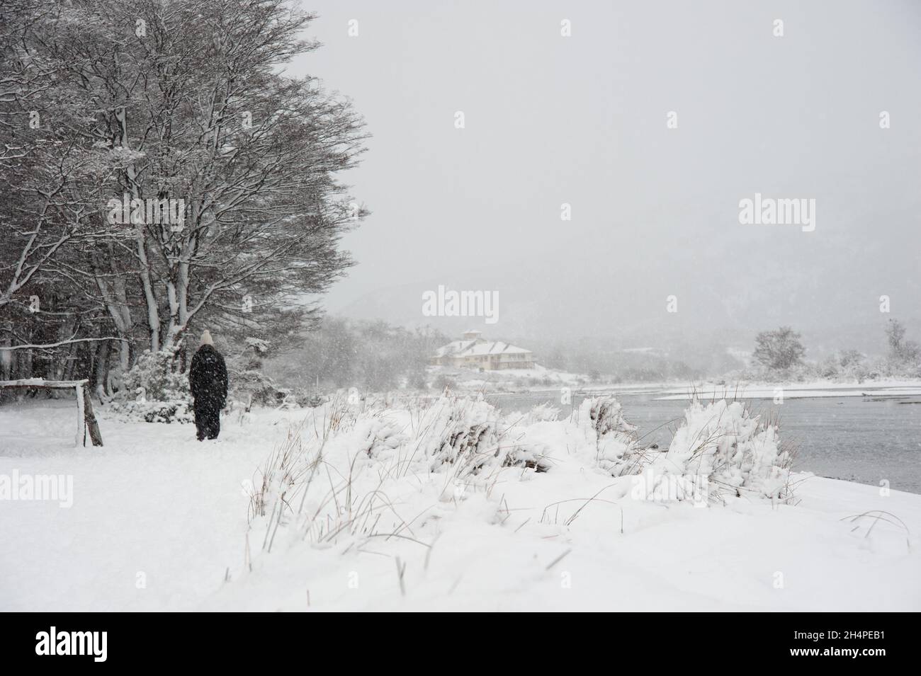 Personnage qui marche dans la neige à Ushuaia Stock Photo