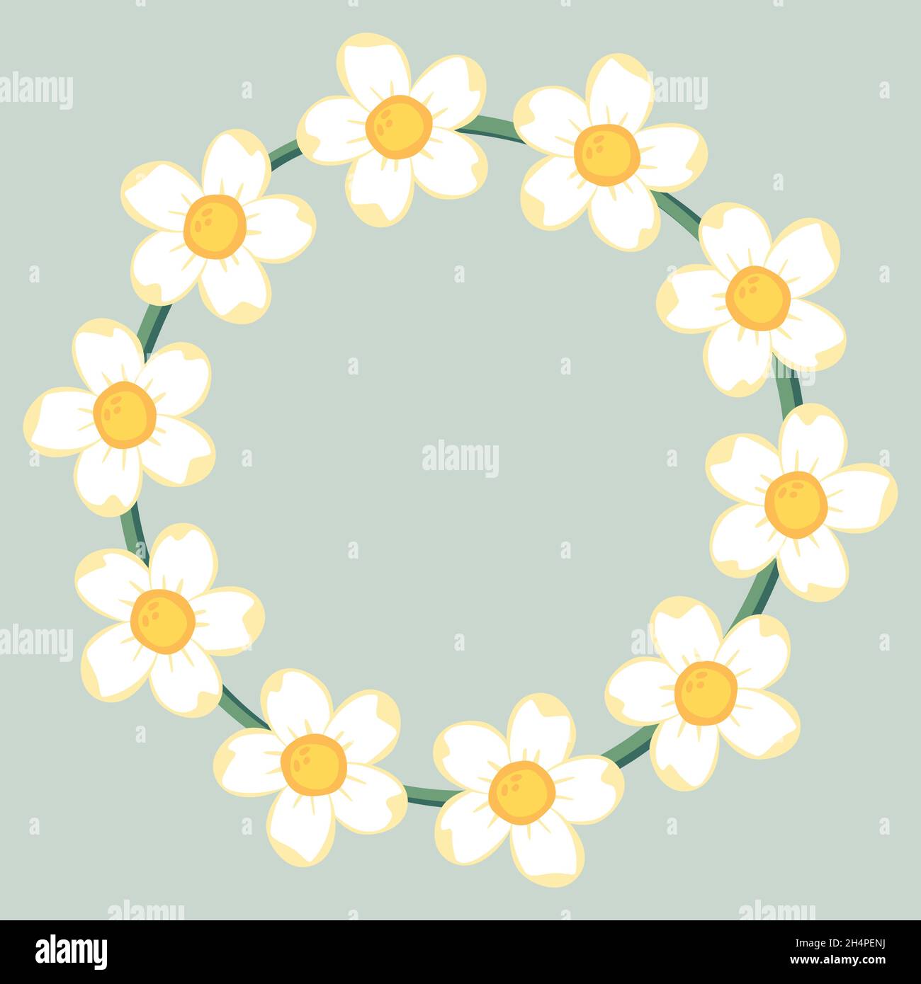 Chamomile daisy flower wreath chain. Round frame for gift card or ...