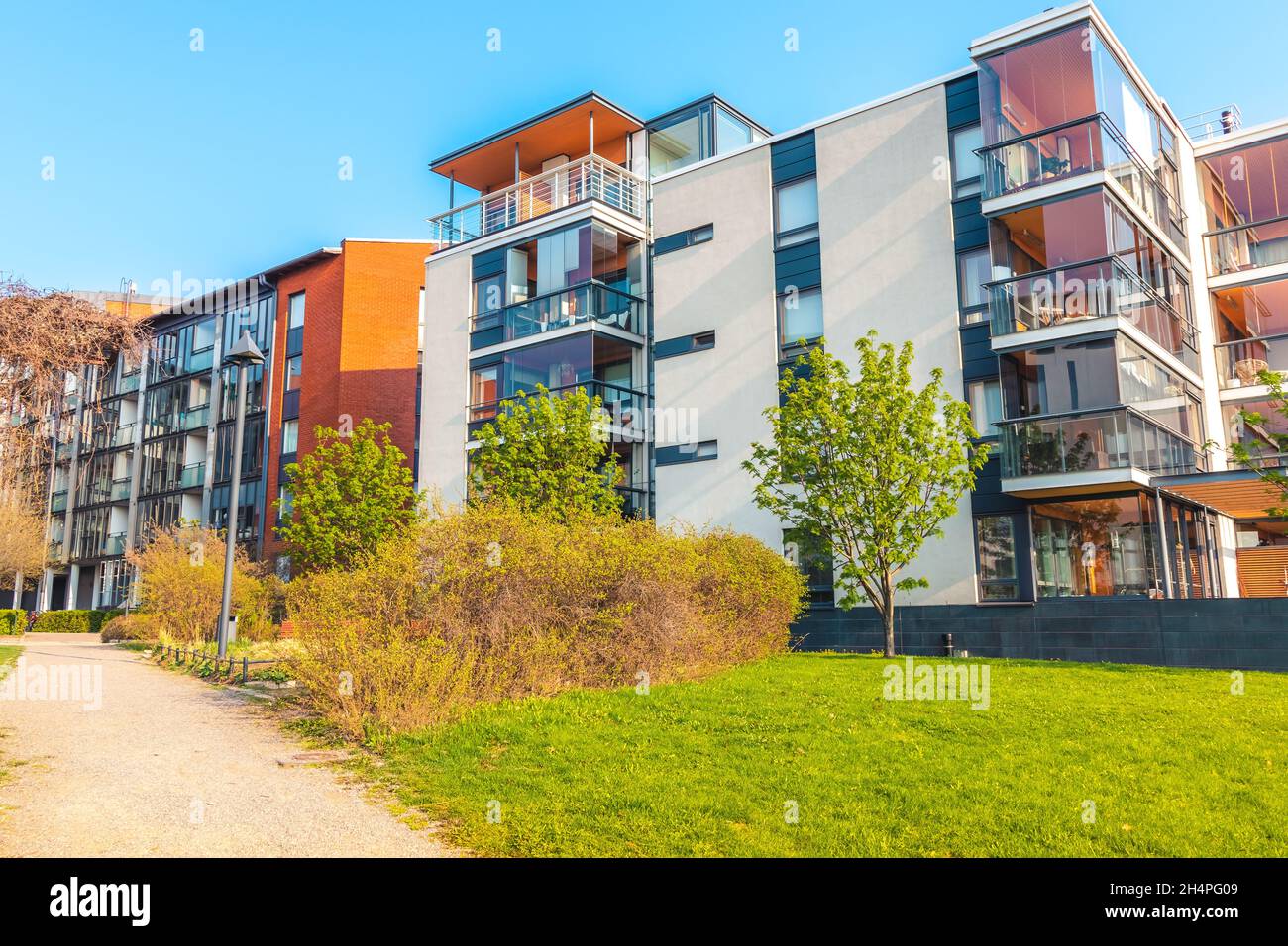 European residential complex of apartment buildings. Outdoor facilities. Ecofriendly living in