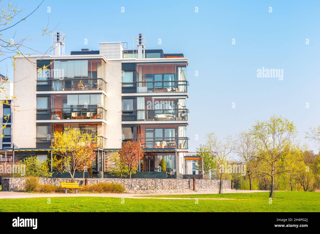 Scandinavian Modern luxury apartment building, block of flats with