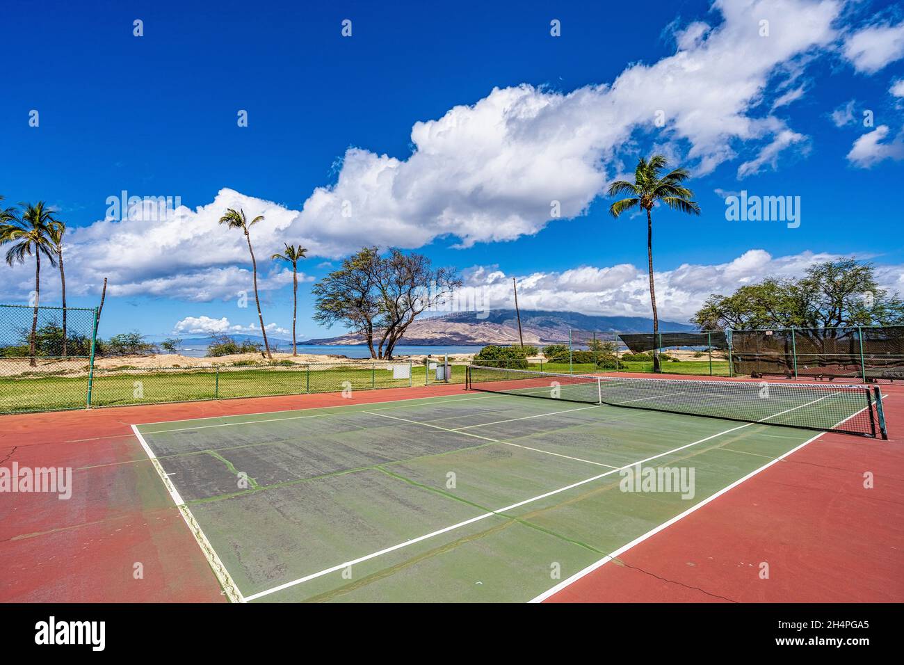 Outdoor Tennis Court in Kihei, Maui Hawaii with ocean view Stock Photo