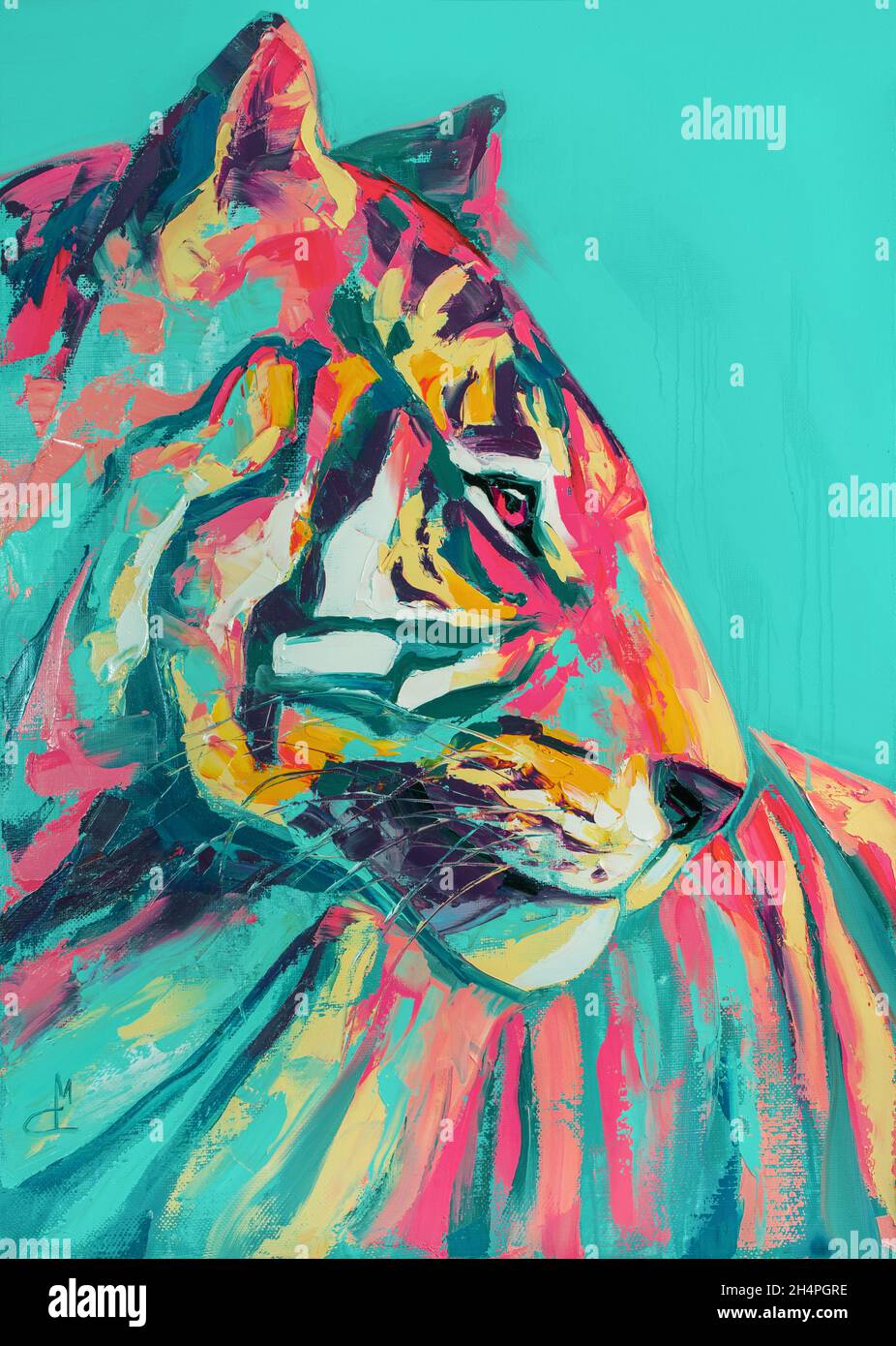 symbol of the new 2022 Black Water Tiger. Beautiful wild tiger head portrait painting Illustration on a blue background. Animal painting for Stock Photo