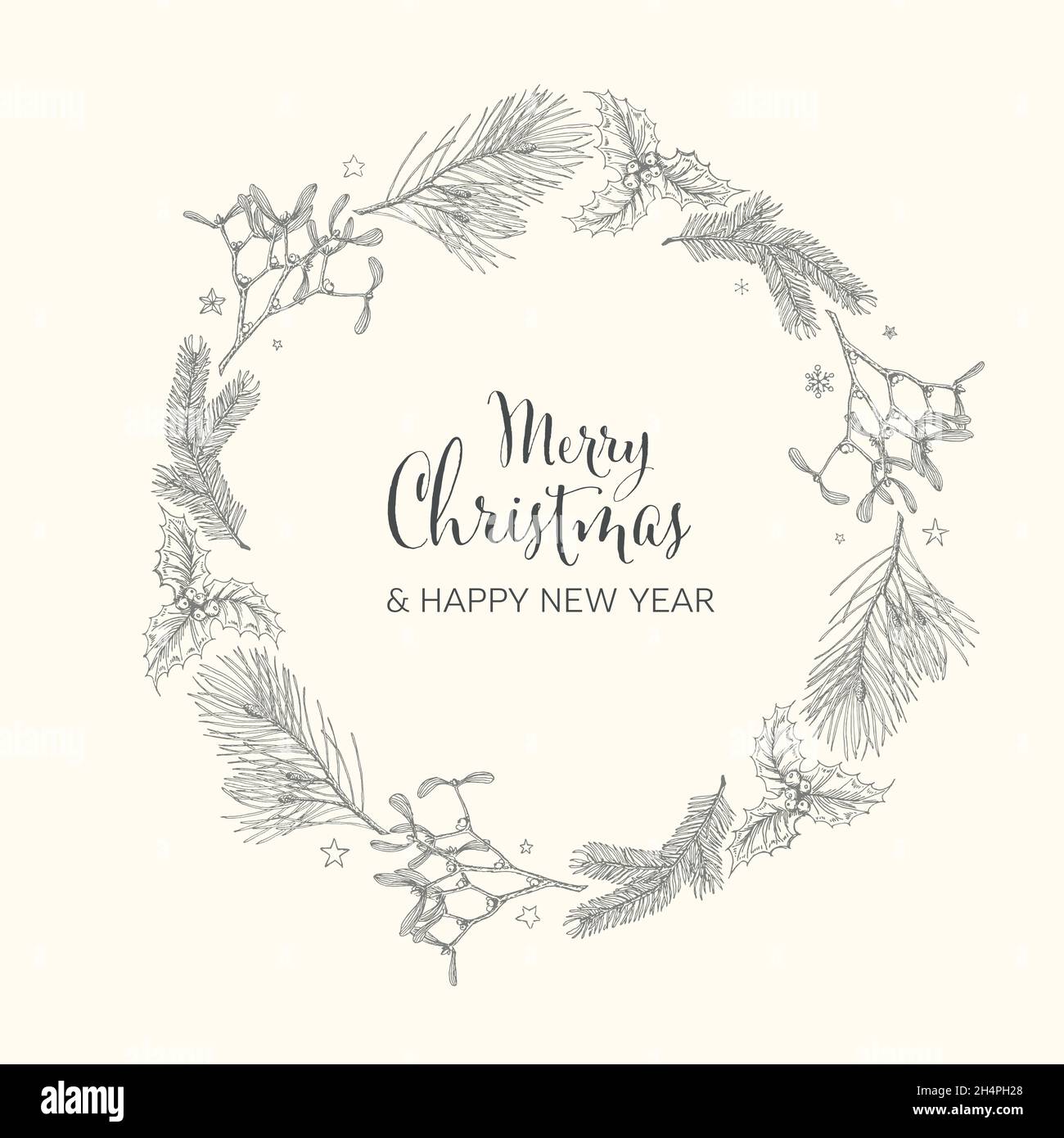 Vector vintage hand drawn Christmas card with various seasonal shapes ...