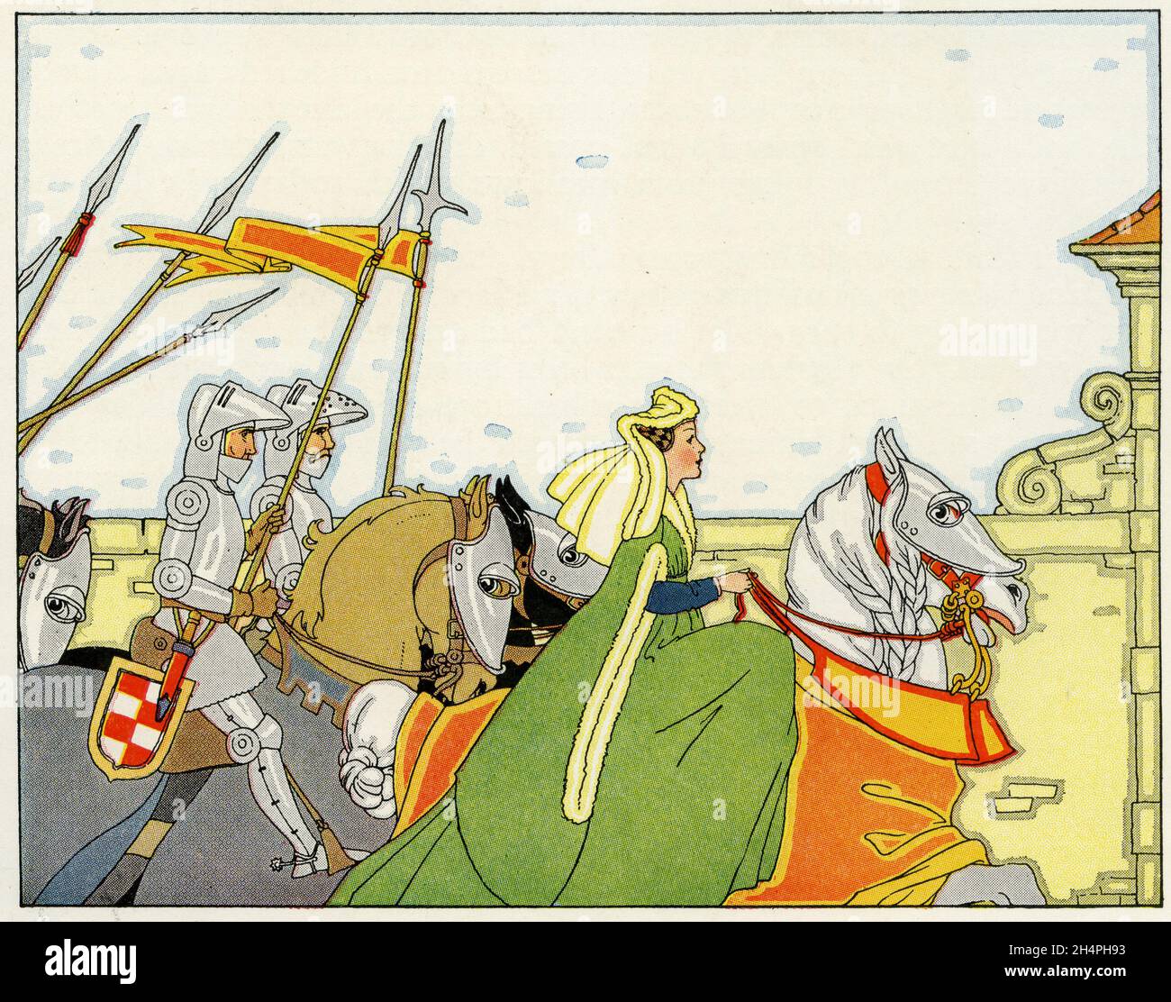 Quaint illustration of tradiitonal life in Holland, with the queen accompanied by her knights; published circa 1928 Stock Photo