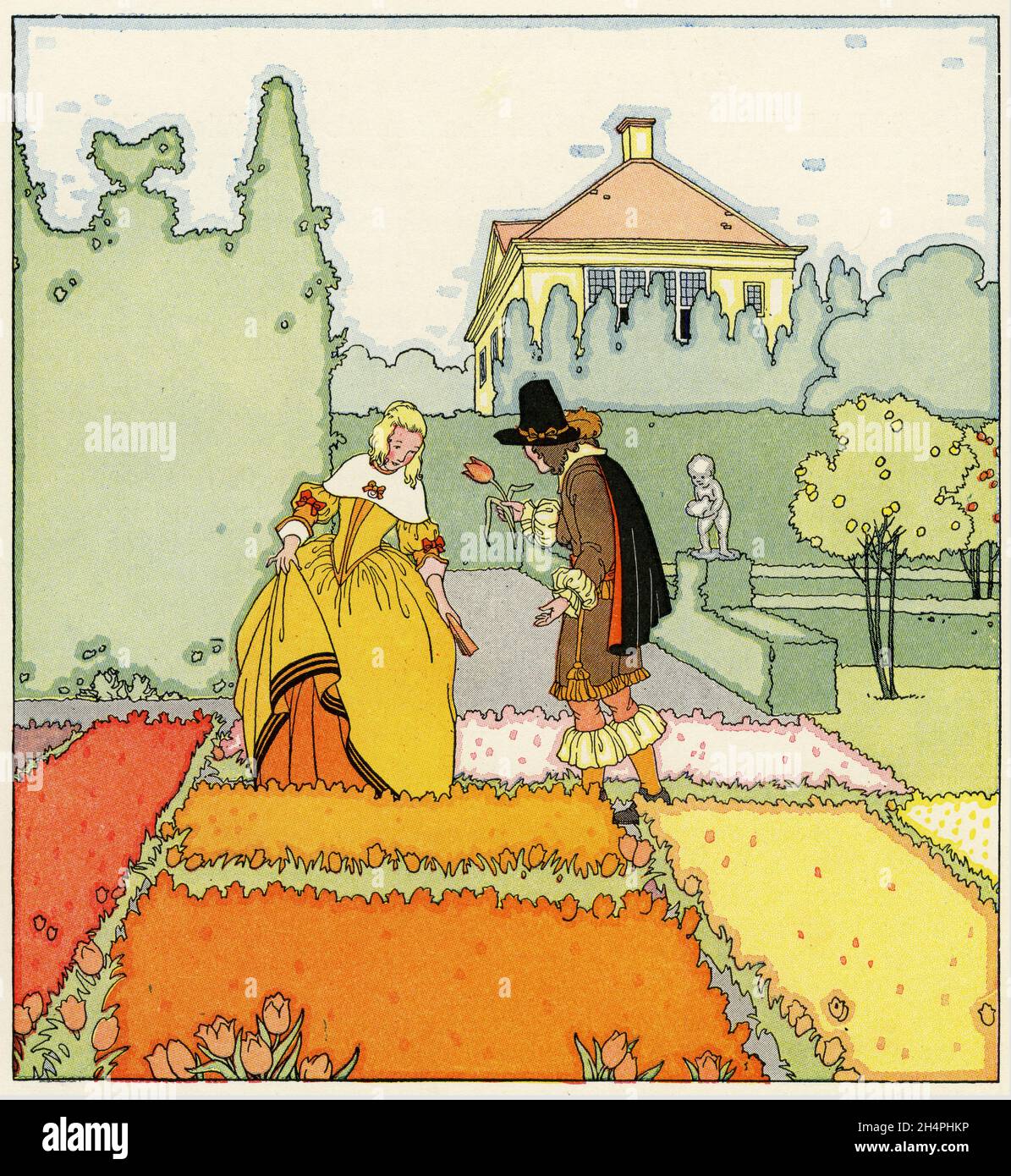 Quaint illustration of tradiitonal courtship in Holland, published circa 1928 Stock Photo