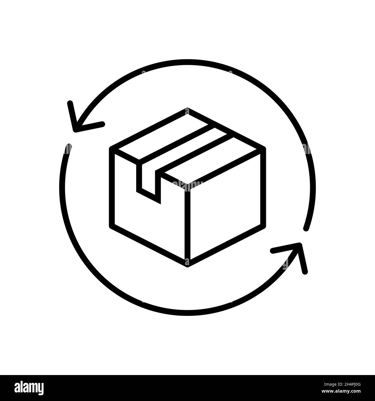 Free product return line icon. Delivery box with arrows. Exchange goods symbol. Package tracking sign. Parcel box inside circle arrow. Vector Stock Vector