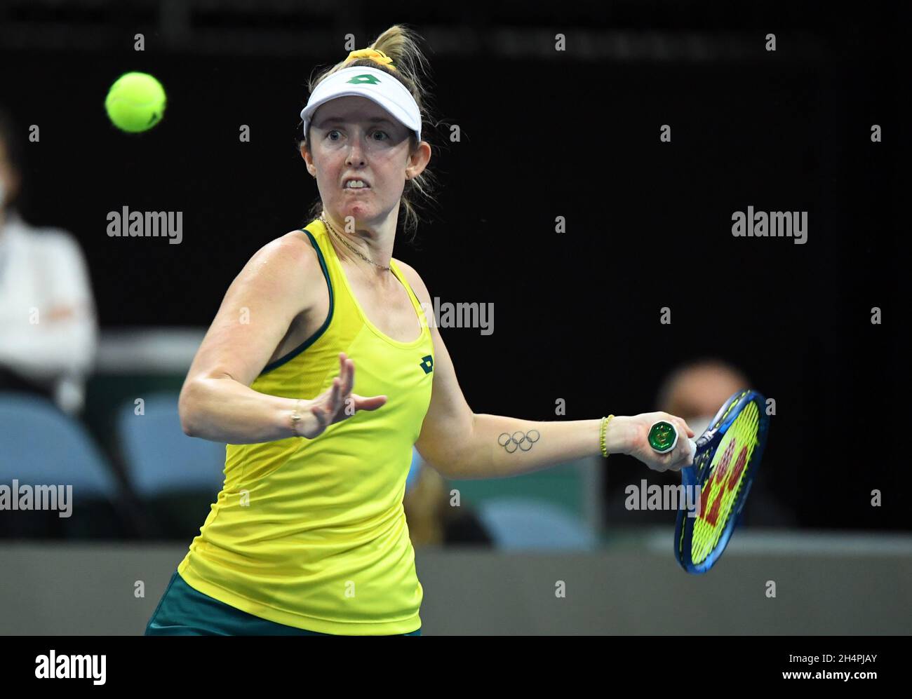 Prague, Czech Republic. 04th Nov, 2021. Storm Sanders of Australia plays  against Yuliya Hatouka of Belarus during Group B match of the women's tennis  Billie Jean King Cup (former Fed Cup) in