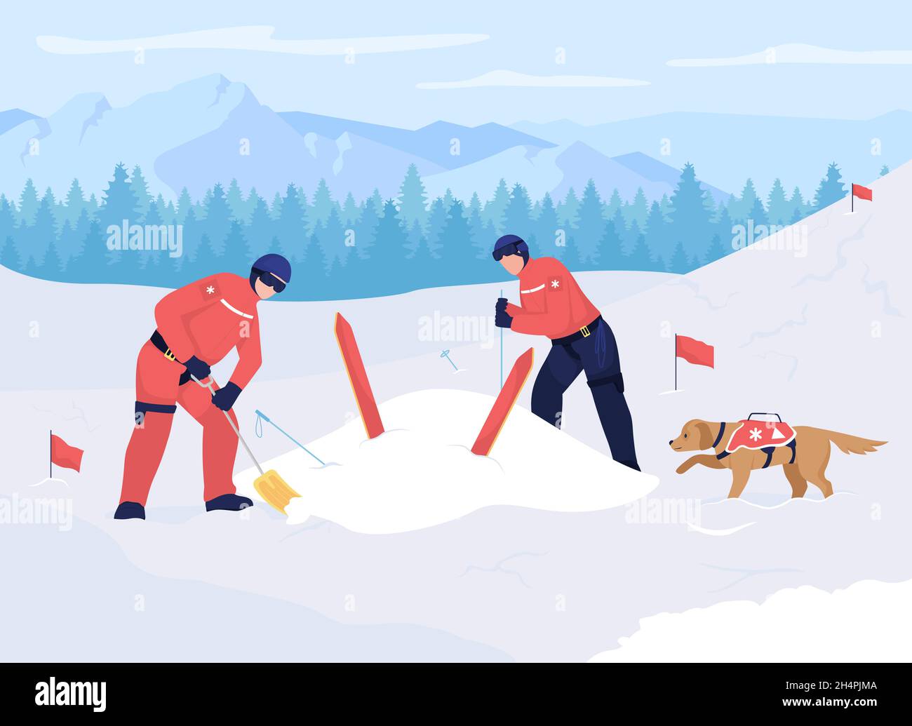 Avalanche rescue flat color vector illustration Stock Vector