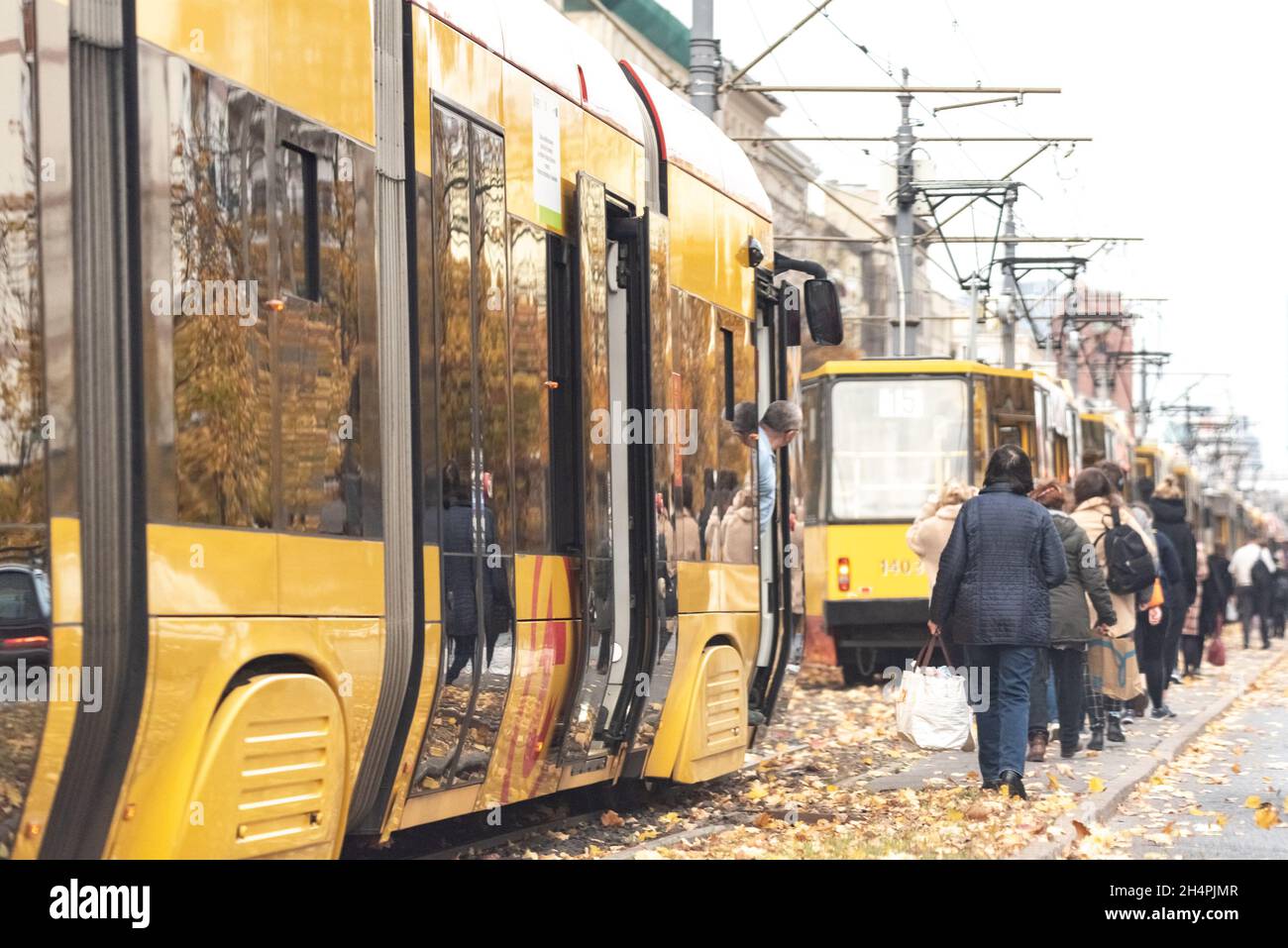 Warsaw, Poland - October 21, 2021: Public transport in Warsaw. Tram failure and traffic jam in the city. Stock Photo