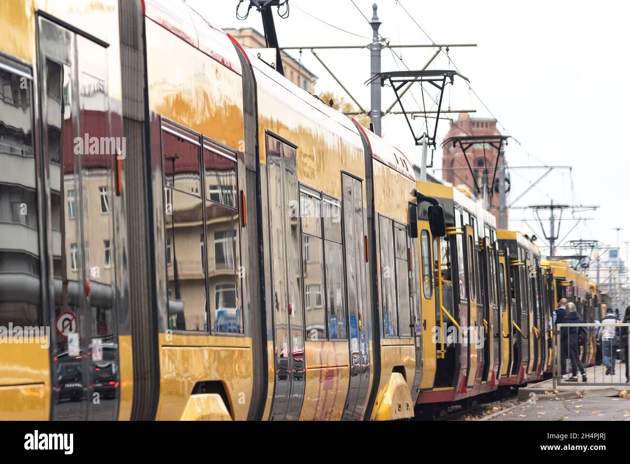 Warsaw, Poland - October 21, 2021: Public transport in Warsaw. Tram failure and traffic jam in the city. Stock Photo