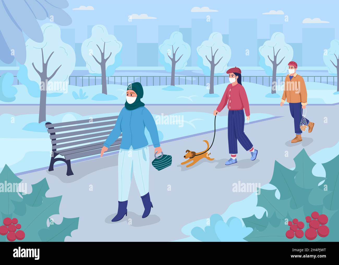 Walk in winter park in pandemic flat color vector illustration Stock ...