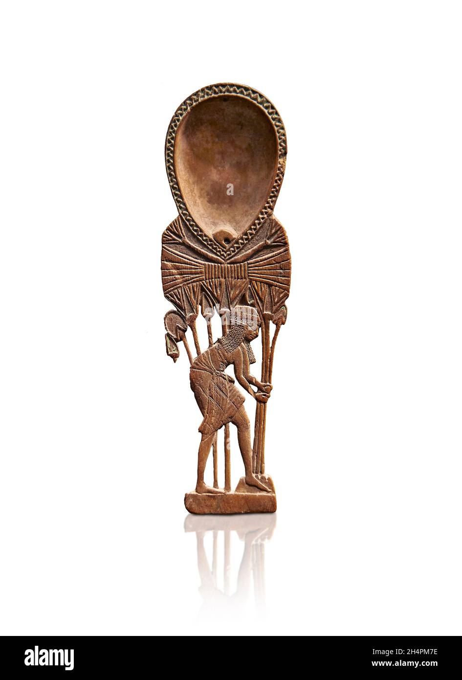 Ancient Egyptian wood carved cosmetic spoon of a young girl collecting lotus leaves , 1550-1353 BC, New Empire . Louvre Museum N1750 or Salt no 591. Stock Photo