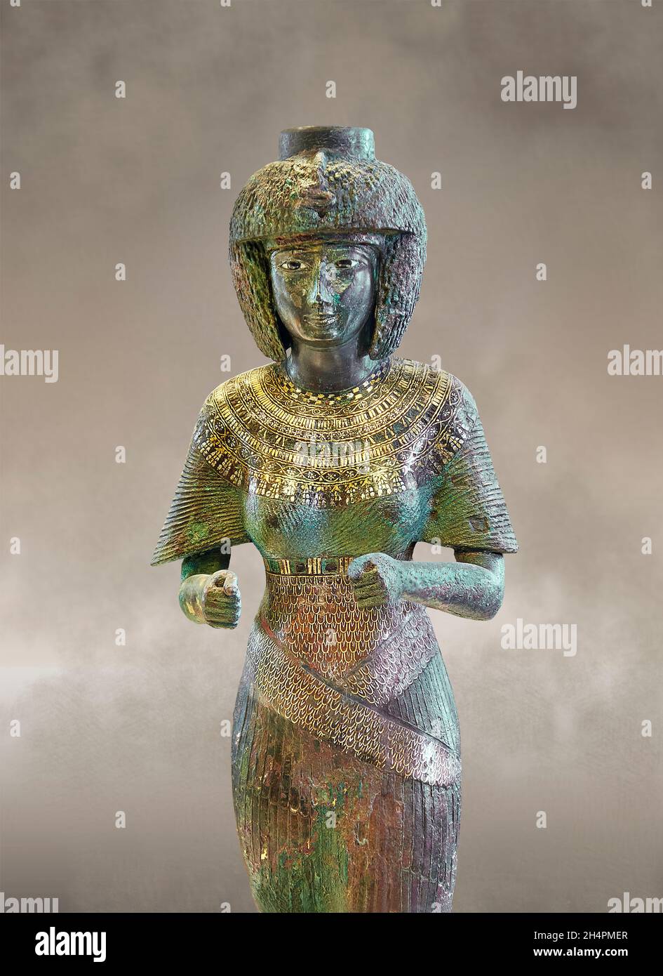 Ancient Egyptian bronze sculpture of Karomama, 870=810 BC, 22nd dynasty, Thebes, bronze . Louvre Museum N 500. Detail: divine worshipper standing, plu Stock Photo
