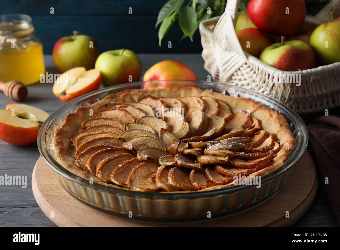 Concept of tasty food with apple pie on wooden table Stock Photo