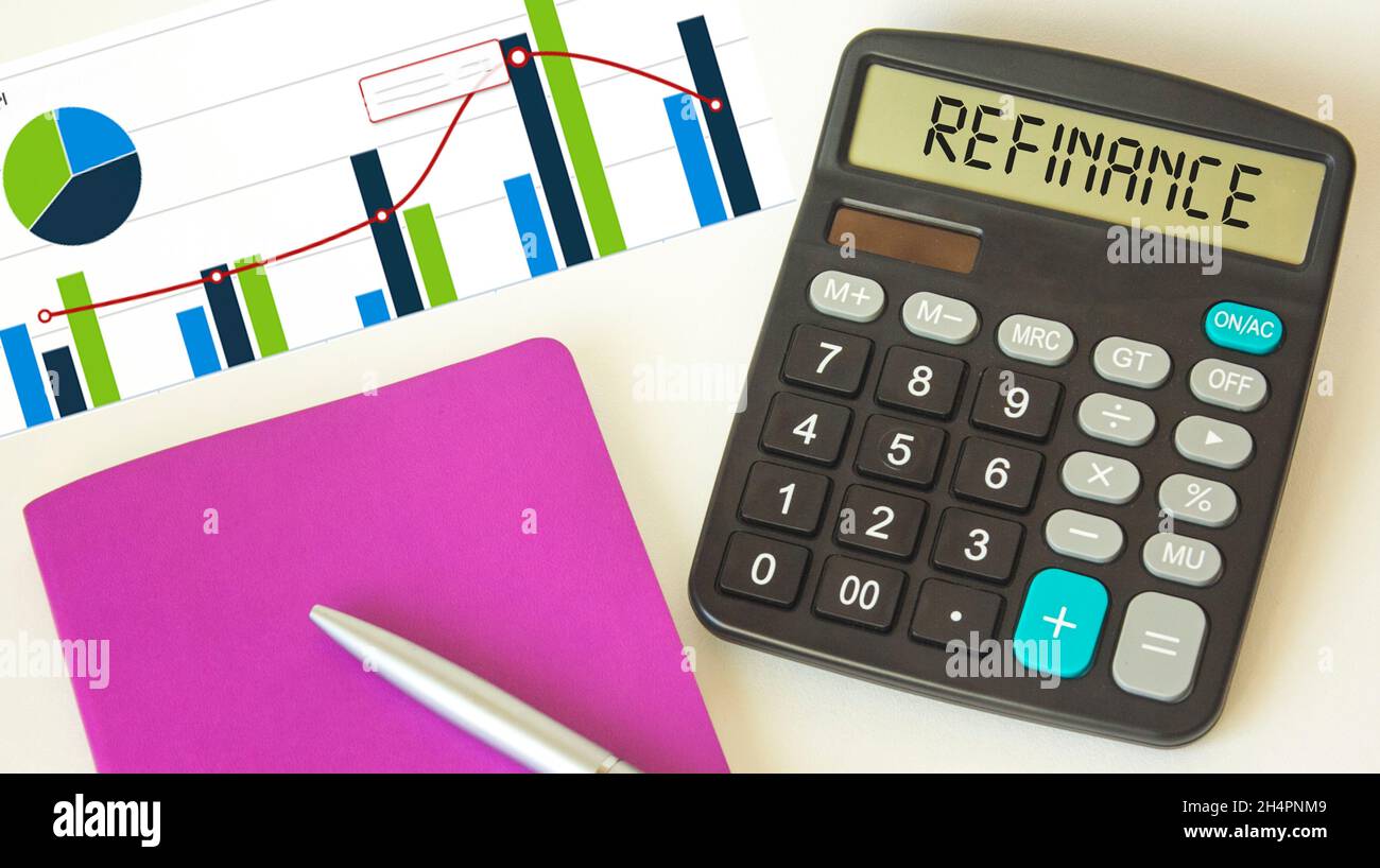 Graph and calculator with text refinancing on a white background Stock Photo